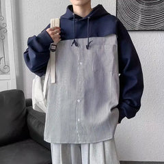 Hehope New Spring and Autumn Fashion Trend Simple and Loose Relaxed Casual Versatile Men's Striped Shirt Panel Hooded Sweater