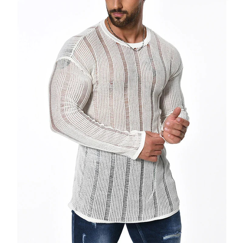 Hehope Sexy See Through Knitted T Shirt Mens Long Sleeve O Neck Slim Stretch Knit Tops For Men Casual Breathable Solid Color Pullovers