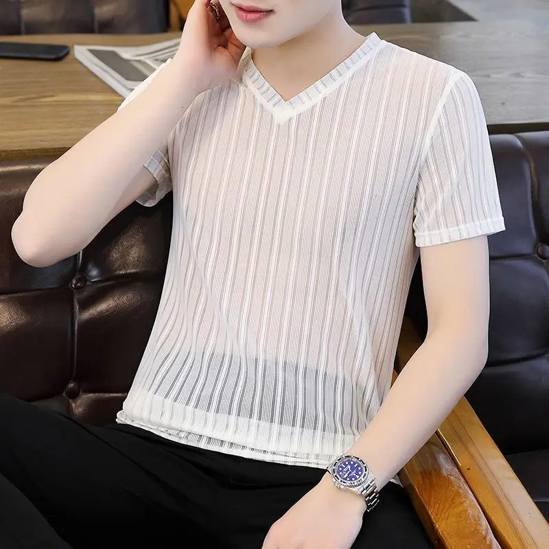 Hehope Korean Ice Silk Fabric Men's Clothing Summer Ventilate Hollow Tops Man Casual V-neck Solid Color T-shirt