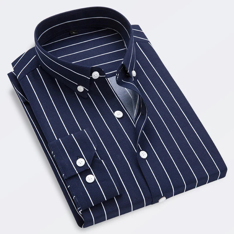 Hehope M-5XL Autumn New Men's Striped Shirt Solid Casual Long Sleeve Slim Fit Korean Edition Business Formal Laydown Shirt