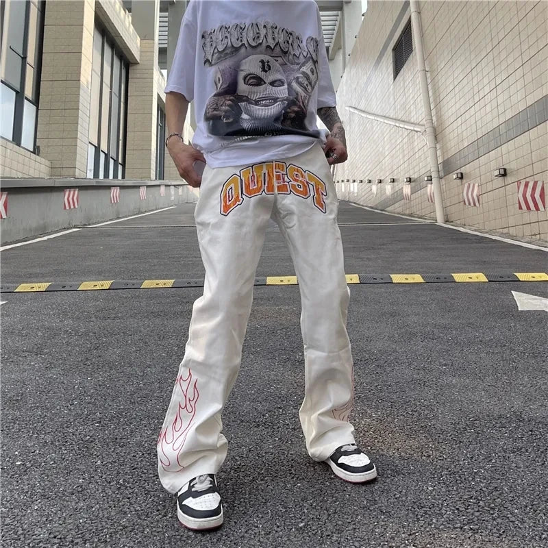 Hehope Y2K Retro Street Print Alphabet Star Jeans Men and Women Hip-hop High Street Spring and Autumn Loose Straight Drag Casual Pants