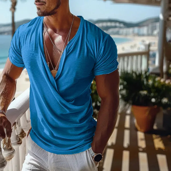 Hehope Men's V-neck Short-sleeved T-shirt Summer Men's Vacation Tulum V-neck Solid Color T-shirt Simple Mature Men's T-shirt Top Y2k