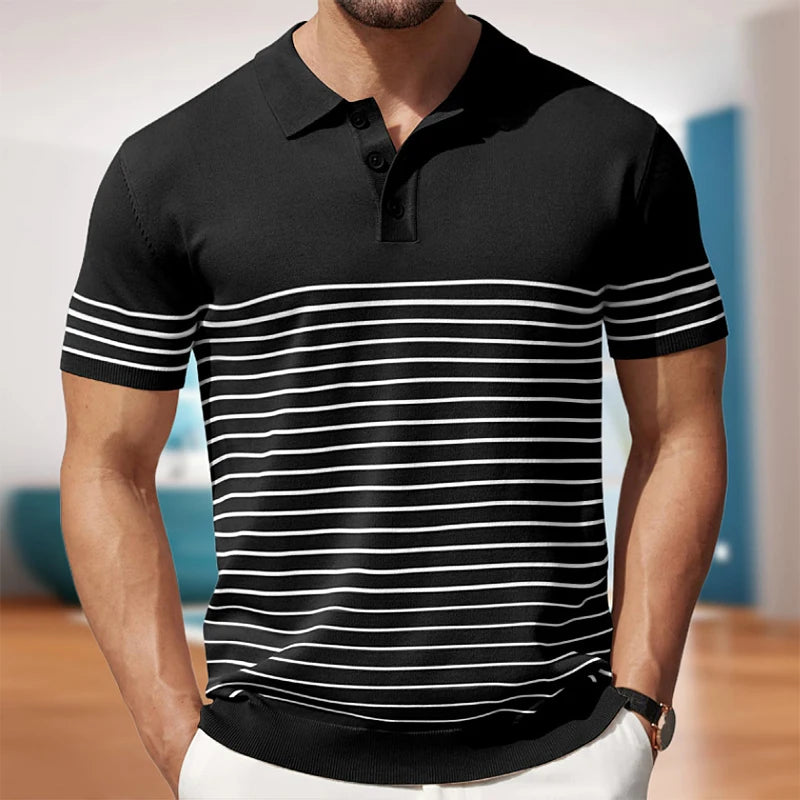 Hehope Ice Silk Knitted Mens Polo Shirts Short-sleeved Button Lapel T-shirt Summer Fashion Striped Printed Slim Fit Knitting Tops Male