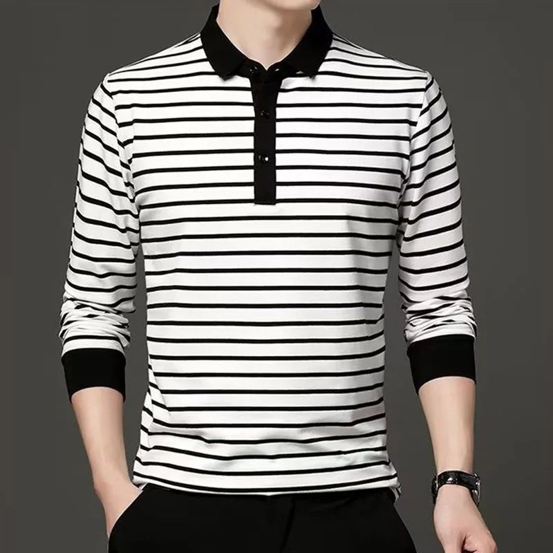 Hehope Fashion Men New Striped Polo Shirts Spring Autumn Long Sleeve Lapel Cotton Tee Shirt Male Clothes Casual Business T-Shirt