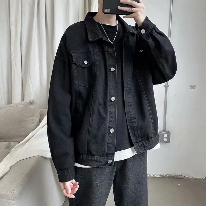 Hehope Black Denim Short Jacket Men Turn Down Collar Bomber Jacket Jeans Coats Casual Pockets Overalls Streetwear Man Clothing Outwear