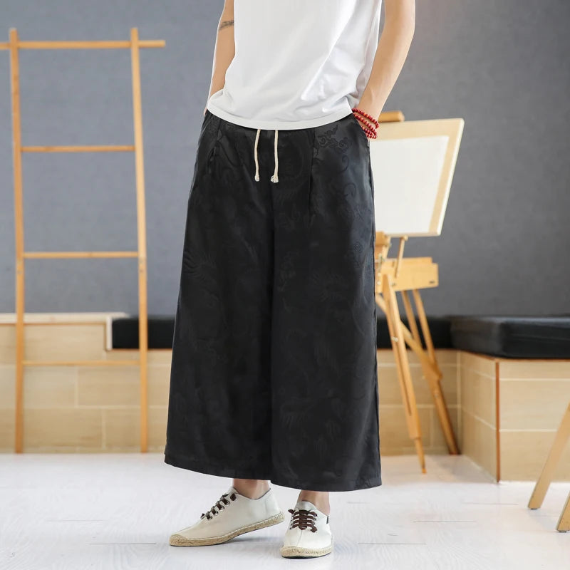 Hehope Japan Style Men's Wide Leg Pants Plus Size M-5XL Vintage Casual Elastic Waist Joggers Retro Loose Trousers Summer Clothing Male