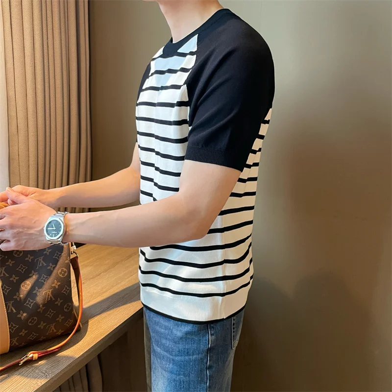 Hehope Korean Trend Summer Color Striped Men's Round Neck Short Sleeve T-shirt Fashion Loose Casual Versatile Knitted Pullover Top 2024