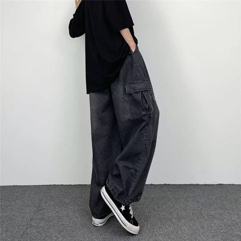 Hehope Autumn Harajuku Fashion Retro High Street Hip hop Pants Straight Wide Leg Pants Women Casual Loose Big Pockets Cargo Jeans