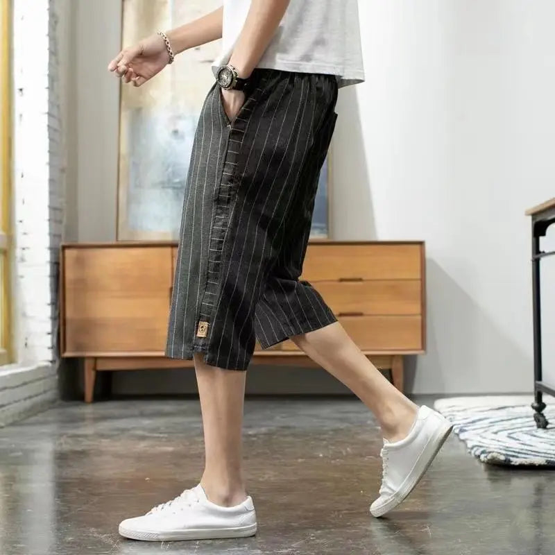 Hehope Summer New Trend Cotton Hemp Thin Straight Casual Capris Men Print Stripe Elastic Waist Drawstring Pocket Versatile Loose Shorts