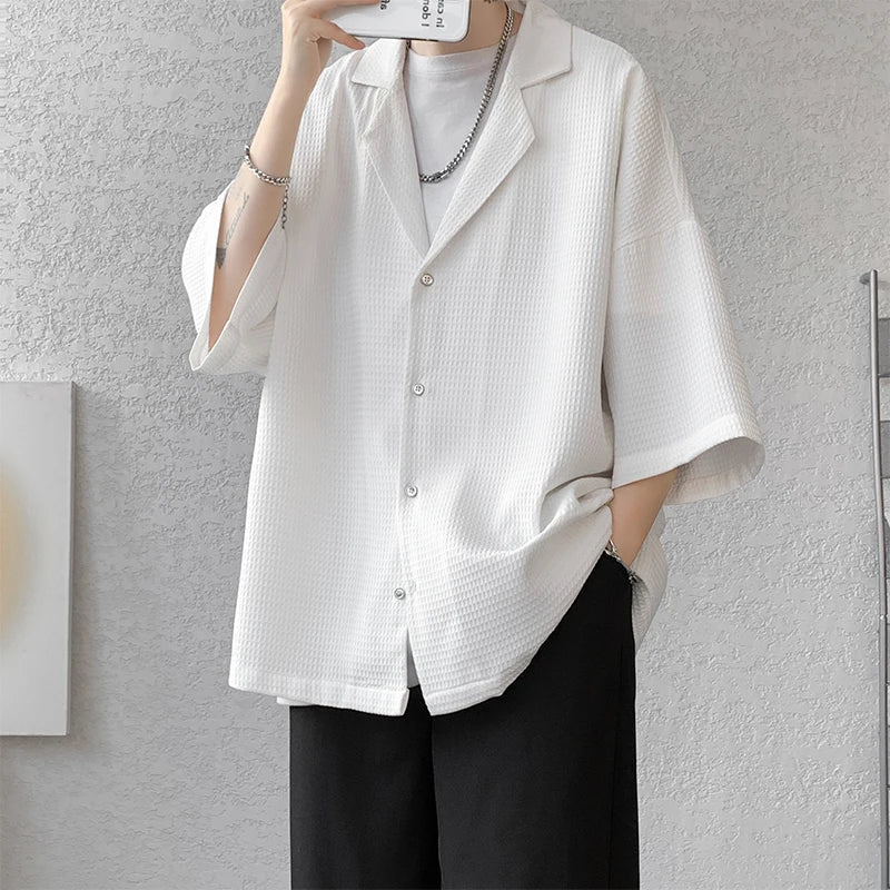 Hehope Solid Color Suit Collar Men's Texture Shirts Men Oversized Casual Half Sleeve Shirt Tops Summer Streetwear Man Blouse 5XL-M