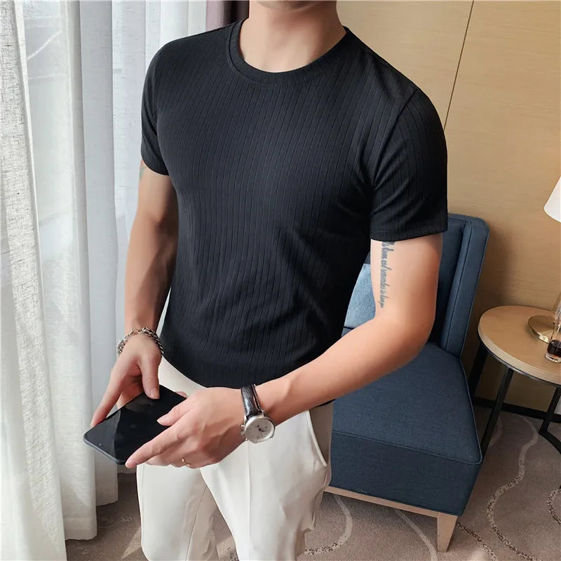 Hehope High Elastic Pure Cotton Slim Fit T Shirt for Men Summer New Solid Casual Short Sleeved T-shirt Tops Korean Men Clothing