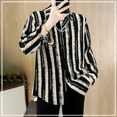 Hehope 2024 New Spring and Summer Pi Shuai Casual Loose Fashion Trend Thin Flip Collar Letter Printed Stripe Long Sleeved Shirt for Men