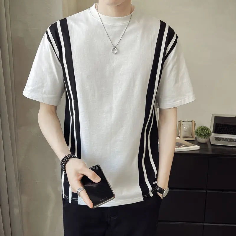 Hehope Fashion Casual Loose Spring Summer Pullovers Solid Patchwork Striped T-Shirts Round Neck Handsome Men's Clothing Short Sleeve