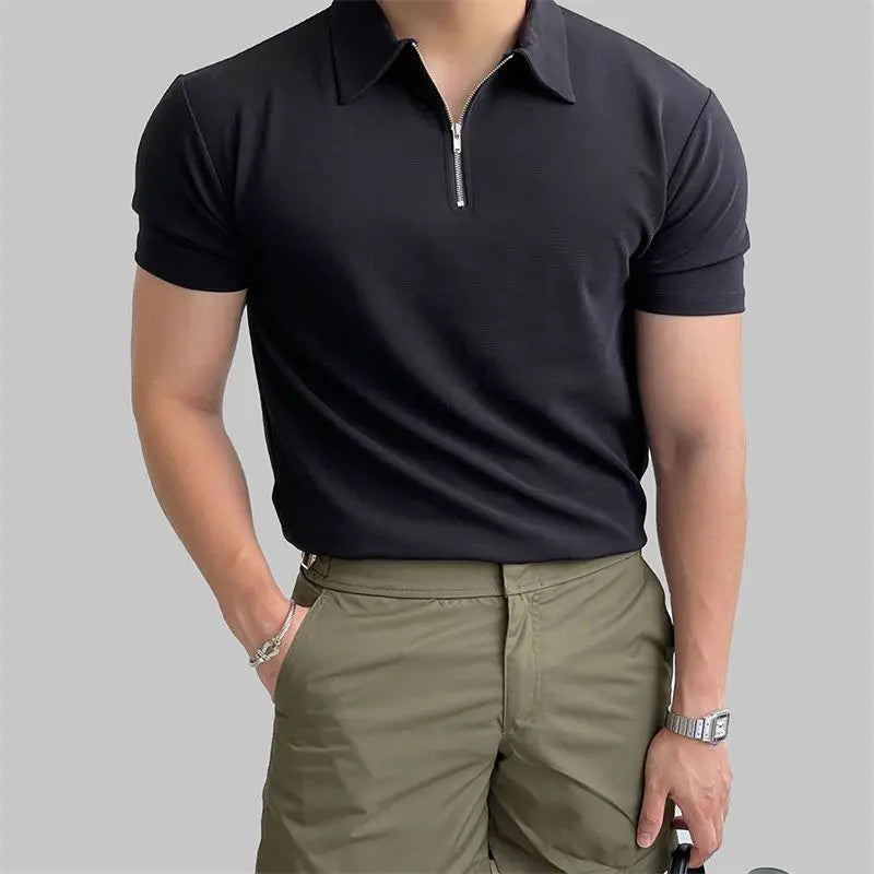 Hehope Men Sports Fitness Black Slim Half Zipper Polo Shirts New Running Training Wear Lapel Summer Short Sleeve Fashion Casual Tops