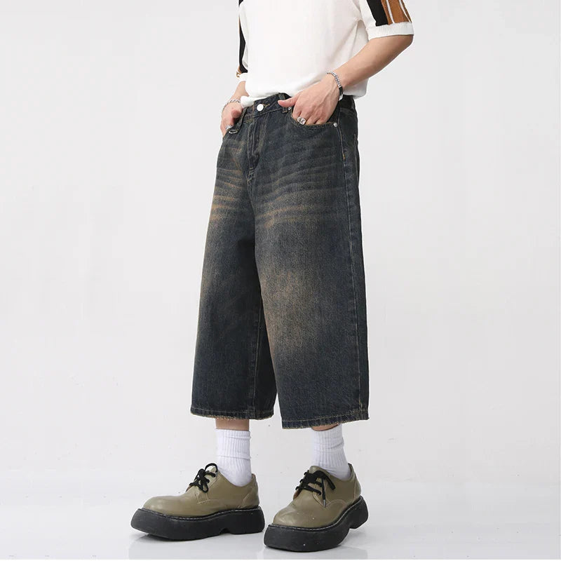 Hehope 2024 Korean Fashion Summer Men's Retro Jeans Wide Leg Knee Length Shorts Flared Flare Fit Jeans Male