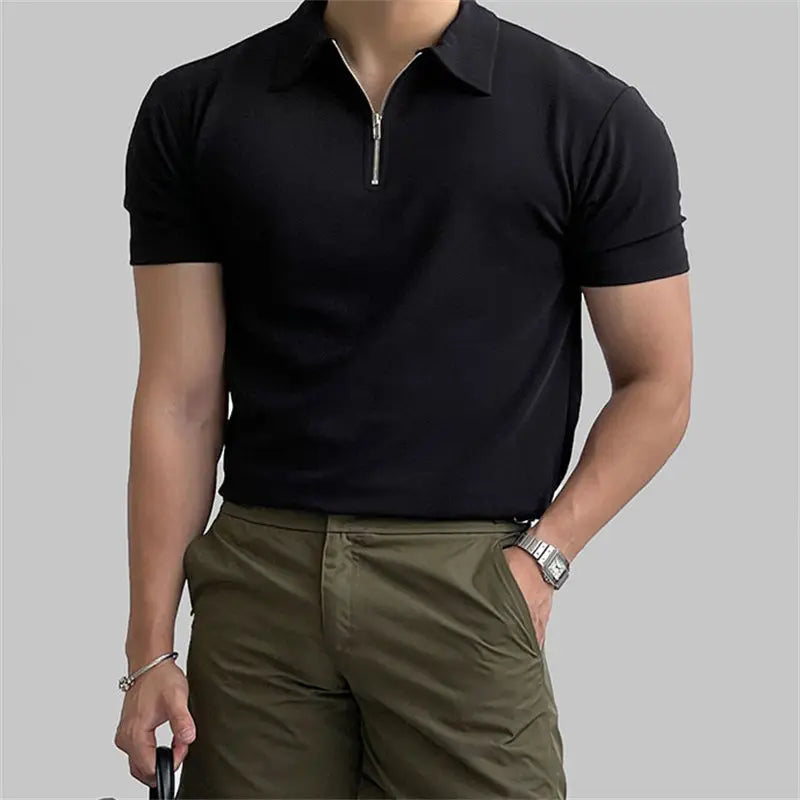 Hehope Men Sports Fitness Black Slim Half Zipper Polo Shirts New Running Training Wear Lapel Summer Short Sleeve Fashion Casual Tops