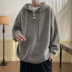 Hehope Men Hooded Sweater Spring and Autumn Seasons Japanese Vintage Lazy Coat Male Wearing Hat Knit Casual Fashion  Loose Sweater Top