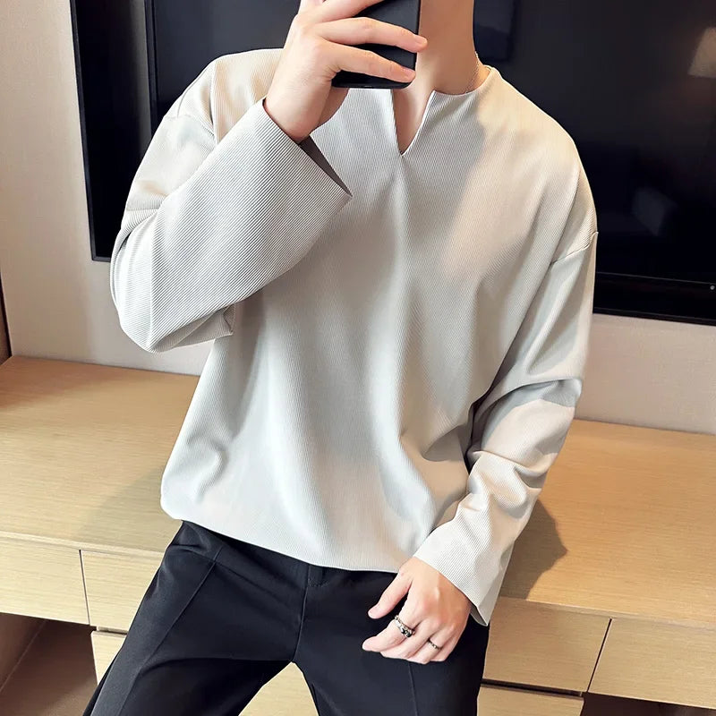 Hehope Men Long Sleeved T Shirt Solid Color V Neck Long Sleeve Thin Loose Casual Black T Shirt Streetwear Fashion Men Clothing