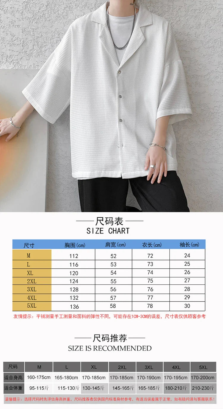 Hehope Solid Color Suit Collar Men's Texture Shirts Men Oversized Casual Half Sleeve Shirt Tops Summer Streetwear Man Blouse 5XL-M