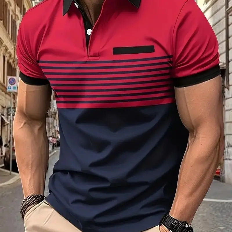 Hehope Summer New Casual Fashion Versatile Polo Shirt Men's Lapel Button Color Block Print Patchwork Striped Ventilate Long Sleeved Top