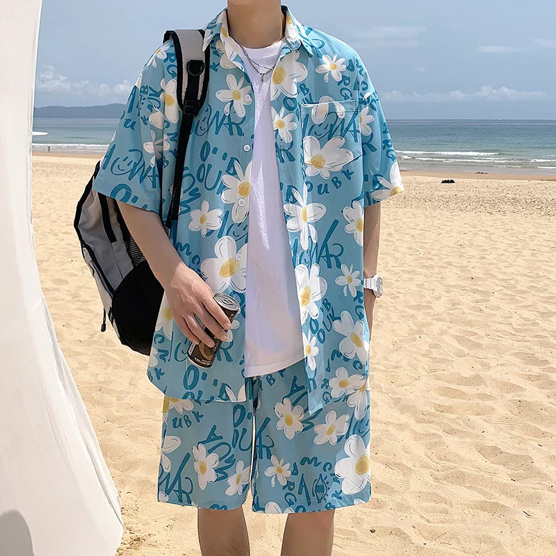 Hehope Summer Men Shorts Set Matching Shirts Letter Striped Floral Printing Outfits Short Sleeve Elastic Waist Thin Oversize Suit Man