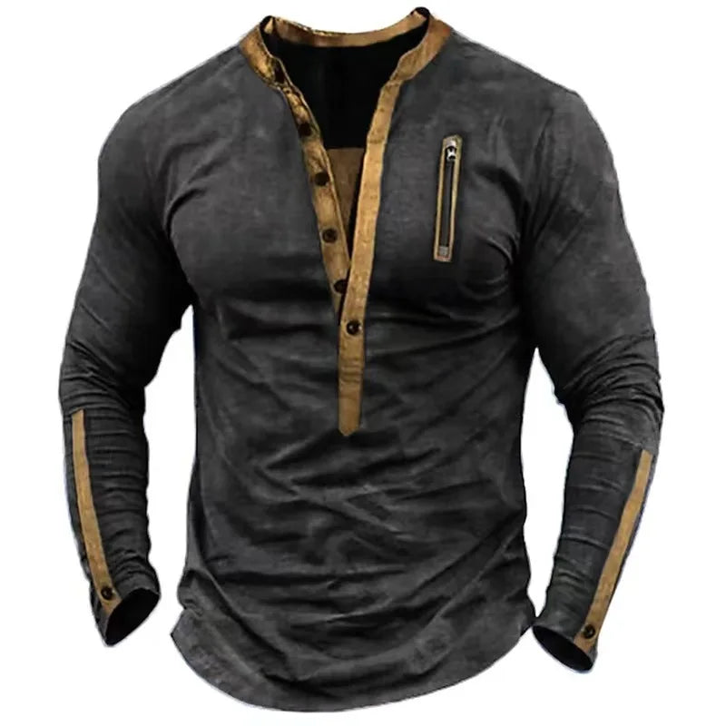 Hehope Spring Autumn Vintage Casual Loose Men Zip Pocket Pullover Splicing Men's Outdoor T-shirt Henley Collar Tactica Male Tops Shirts