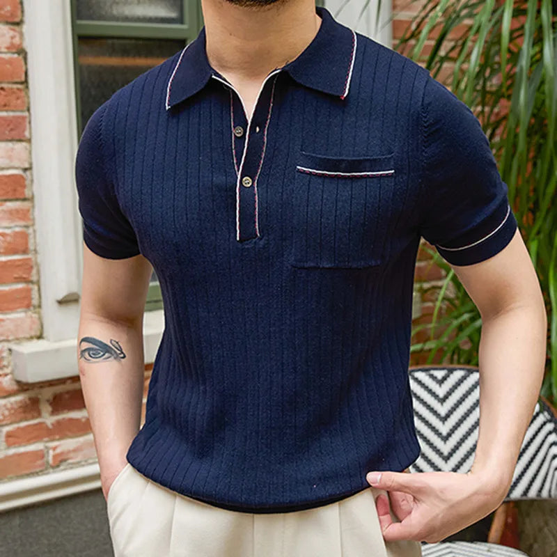 Hehope 2024 Summer Contrast Navy White Italy Lyocell Knitted Cardigan Men Casual Short Sleeve British Slim Fit Breathable POLO T-shirt