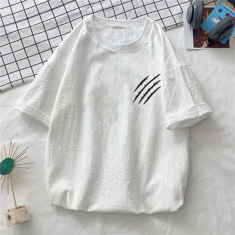 Hehope 2024 New Summer Fashion Versatile Simple Casual Loose Oversized Round Neck Printed Linen Short Sleeved T-shirt Couple Top