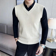 Hehope Fake 2 Pieces Shirt Collar Men's Winter High Quality Sweater Vest/Male Slim Fit Fashion Knitted Pullover/Man V-neck Sweaters 3XL