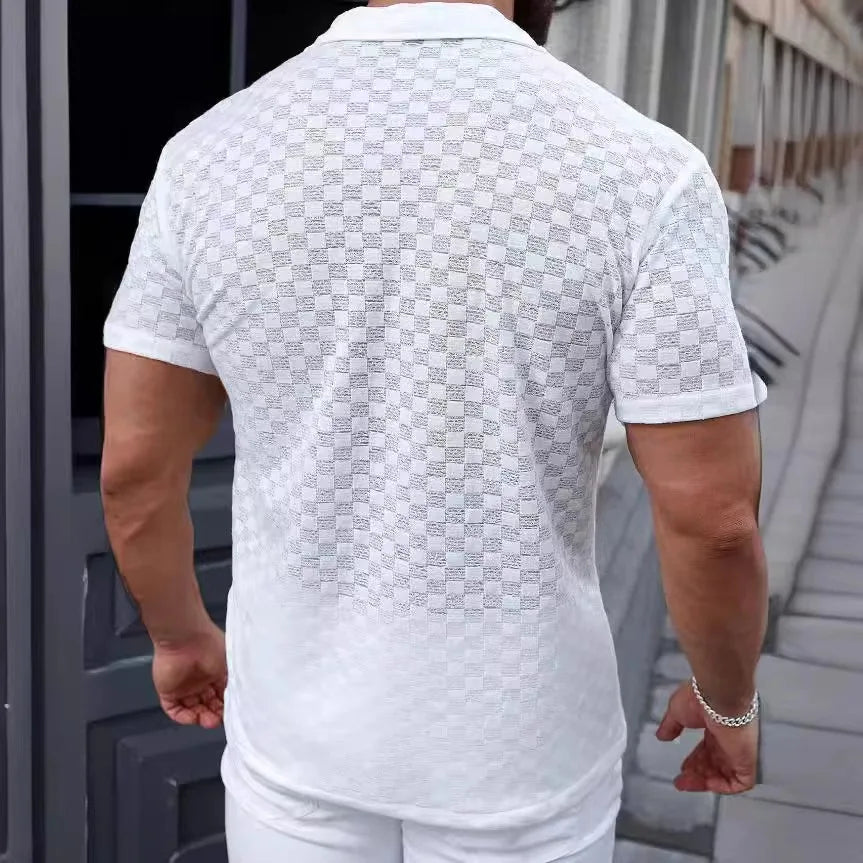 Hehope Summer Men's Short-Sleeve Hollow-Out Lace Shirt Solid Color Geometric Patterns Lapel Perspective Short Sleeve Shirt For Male Top