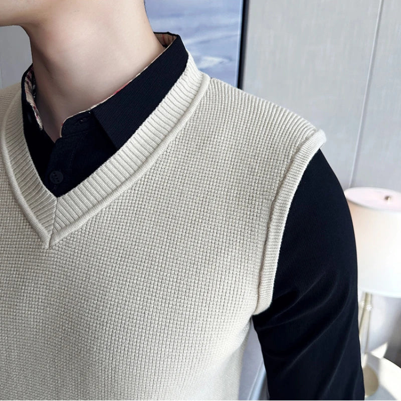 Hehope Fake 2 Pieces Shirt Collar Men's Winter High Quality Sweater Vest/Male Slim Fit Fashion Knitted Pullover/Man V-neck Sweaters 3XL