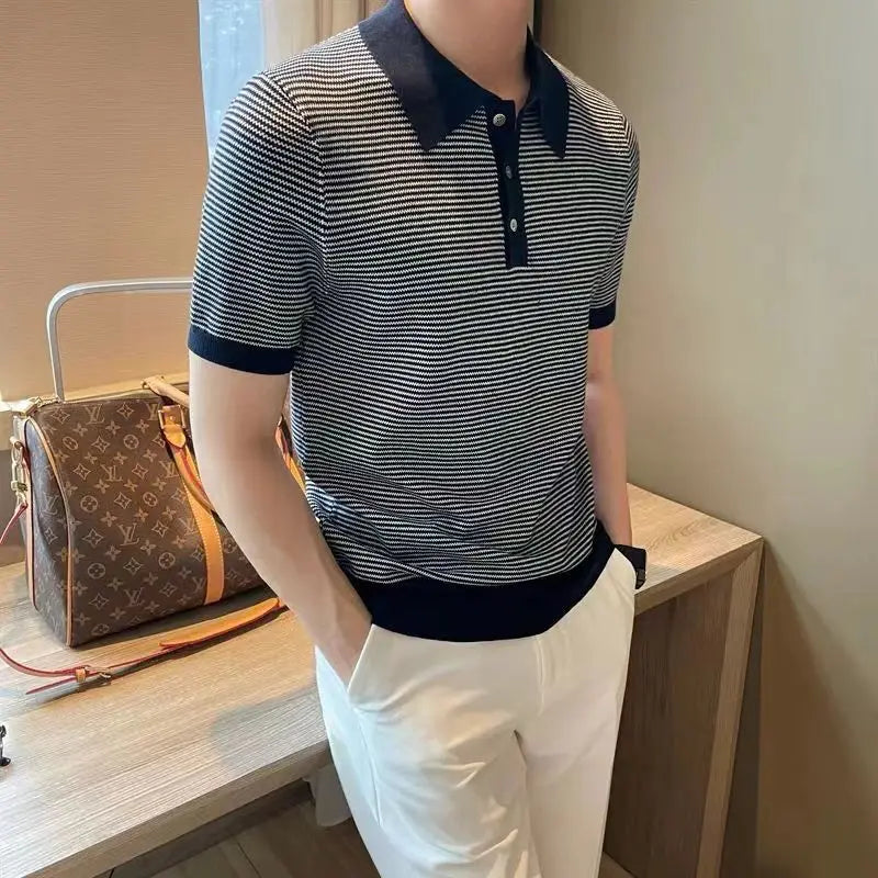 Hehope Summer Fashion Smart Casual Trendy New Ice Silk Knit Polo Shirt Men's Panelled Stripe Lapel Button Versatile Short Sleeved Top