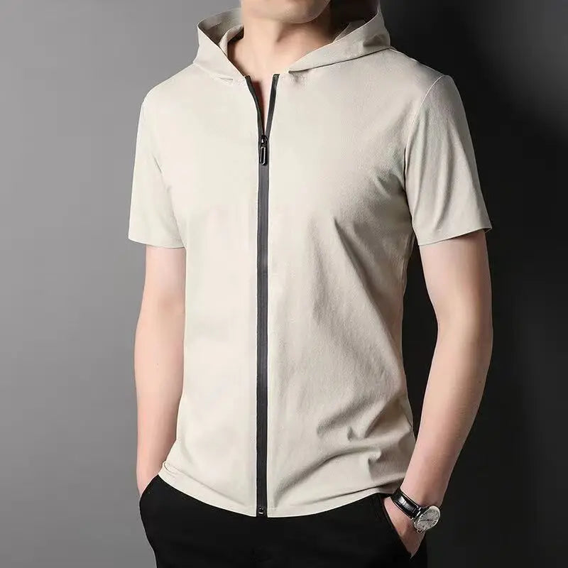 Hehope Summer Handsome Lightweight Comfortable Breathable Short Sleeve Cardigan Men's Solid Hooded Stand Collar Zipper Casual Trend Top