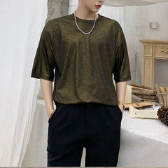 Hehope Japanese Style Round Neck Clothes Summer Fashion Loose Bright Silk Tops Man Solid Color All-match T-shirt