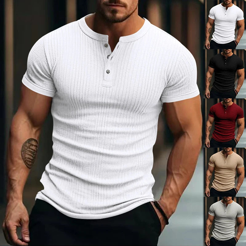 Hehope Sports Fitness Breathable Ribbed Tops Men Slim Short Sleeve Henley Collar Button T-shirt Mens Summer Casual Solid Color T Shirt