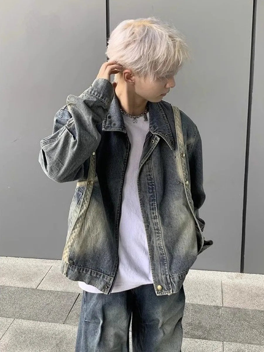 Hehope Vintage Zipper Denim Jacket Men American Spring Autumn Chic 2024 New Hip Hop Casual Jeans Coat Loose Retro Outerwear