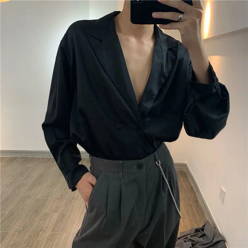 Hehope Spring New Deep V-neck Shirt Men Thin Solid Color Korean Style Mens Shirts High-end Design Double-breasted Long Sleeve Shirt