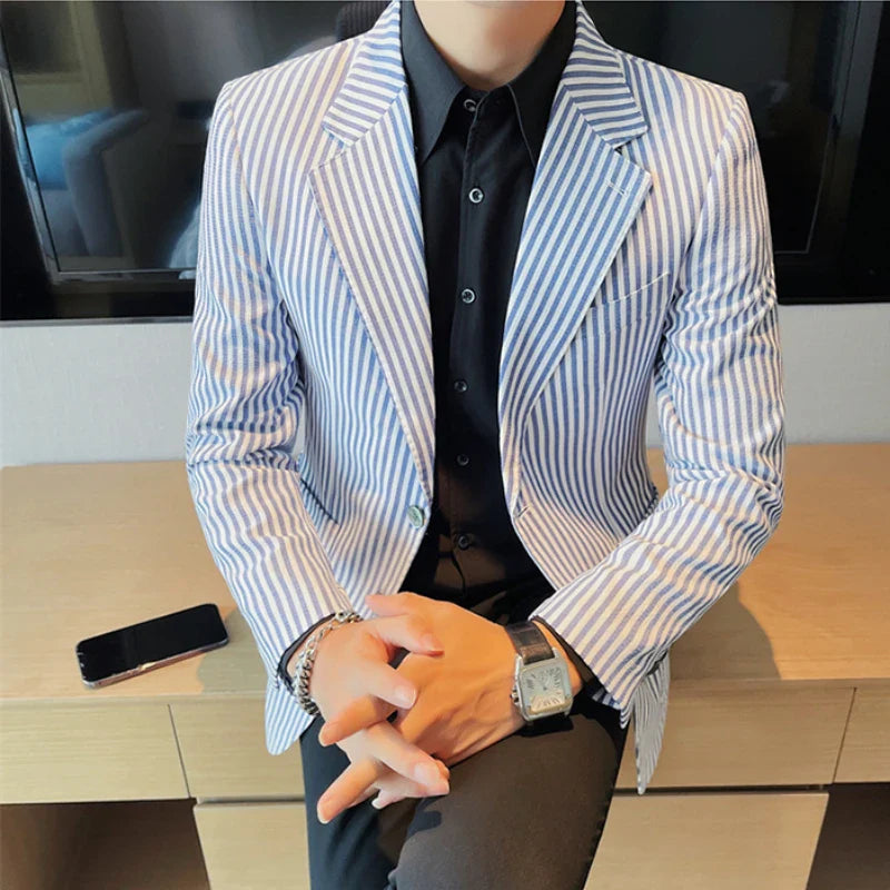 Hehope High Quality Autumn Striped Suit Jacket for Men Fashion Slim Fit Casual Business Blazers Masculino Wedding Social Men Clothing