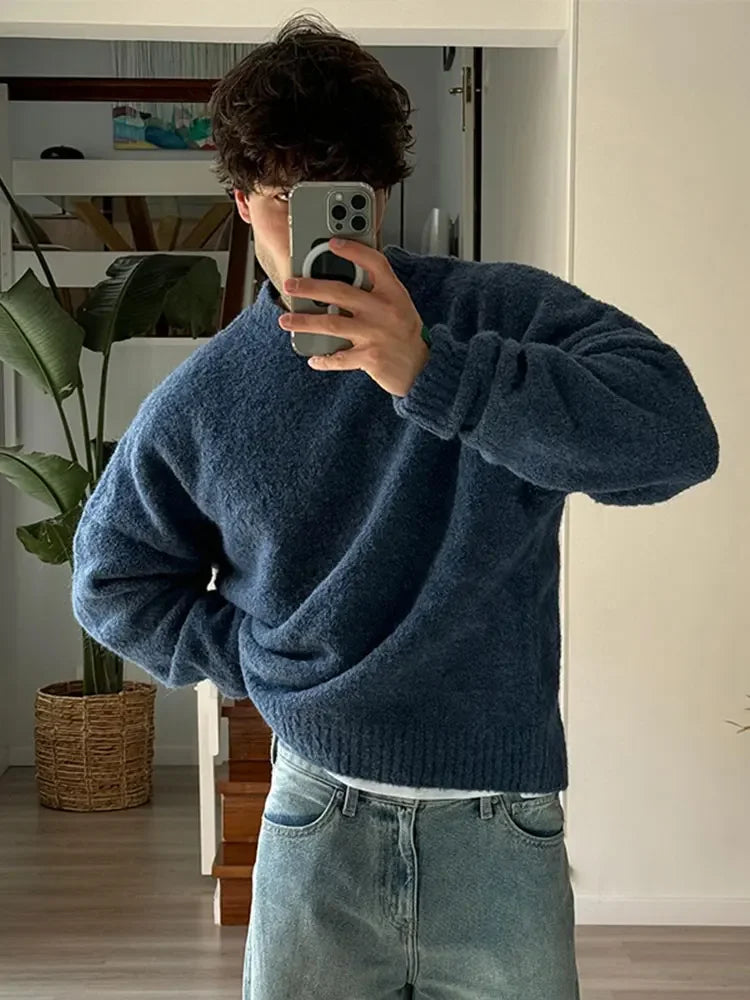 Hehope Fashion Solid Fleece Turtleneck Sweater For Male Casual Loose Long Sleeve Knitted Pullover 2024 Autumn Thicken Warm Men's Jumper