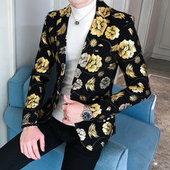 Hehope Men Golden Flower Print Blazers Autumn Formal Dress Tuxedo Casual Slim Fit Suit Jacket / High Quality Fashion Men Clothing