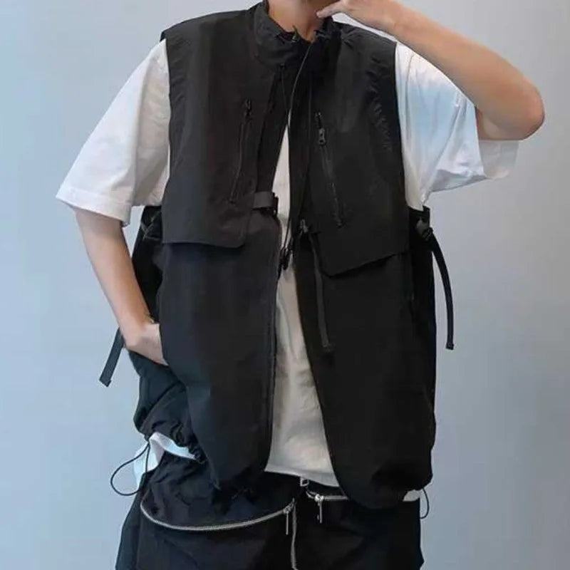 Hehope Spring and Autumn 2024 Men's New Patchwork Stand Collar Zipper Pocket Drawstring Fashion Solid Color Loose Sleeveless Vest Coats