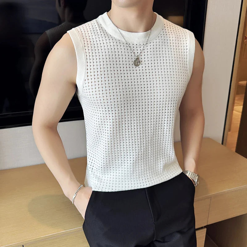 Hehope Summer Mesh Hollow Knitted Vest for Men's Slim Fit Elastic Sleeveless T-shirt Casual Social Streetwear Tee Tops Men Clothing