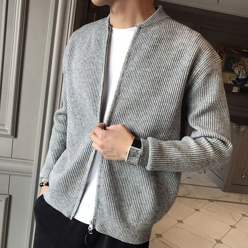 Hehope New Spring and Autumn Korean Edition Trend Stand Collar Solid Color Pit Stripe Slim Fitting High-end Men's Sweater Cardigan