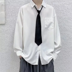 Hehope White Solid Shirts With Tie Men's Oversize Long Sleeve Casual Cardigan Fashion Spring Autumn Blouses Unisex Daily All-match Tops