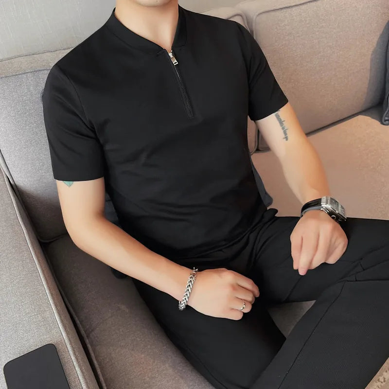 Hehope Korean Zippered Polo Shirt for Men Short Sleeve Casual T-shirts Fashion Business Collarless T-shirt Social Office Tee Tops M-4XL