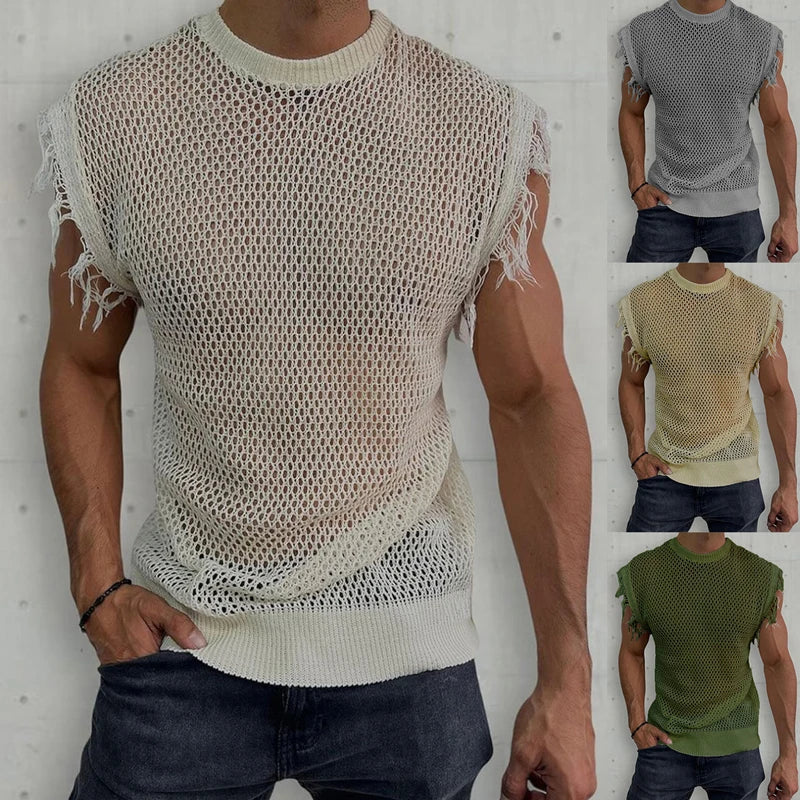 Hehope Fashion Sleeveless Ripped Design Knit Tank Tops Men Summer Streetwear Trend Hollow Out See Through Camisole Mens Retro Pullover