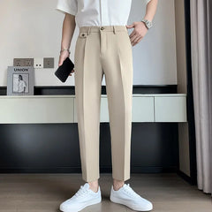 Hehope Summer Solid Color Suit Pants Men Slim Fashion Social Mens Dress Pants Korean Straight Casual Pants Mens Office Formal Pants