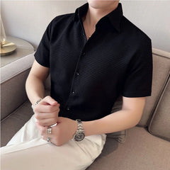 Hehope Summer Waffle Short Sleeved Shirt Men Fashion Casual Solid Color Lapel Loose Shirt Male Korean Social Business Dress Blouse