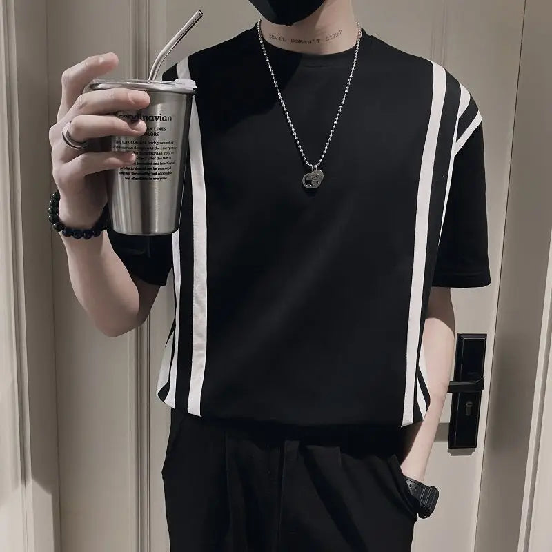 Hehope Men's Clothing Summer Korean High Street Striped Short Sleeve Oversized Streetwear T-shirts Y2K Male Casual Round Neck Tee Tops