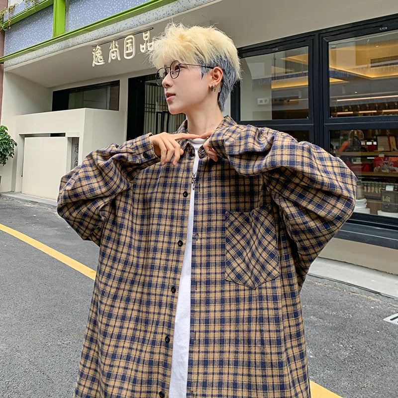 Hehope Harajuku Long Sleeve Plaid Shirts Men Autumn Loose High Street All-match Shirt Gentleman Camisa Check Tops Stylish 5XL-M